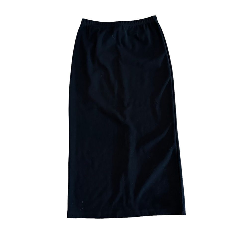 Vintage Josephine Chaus black knit midi pencil skirt w/elastic waist & back slit